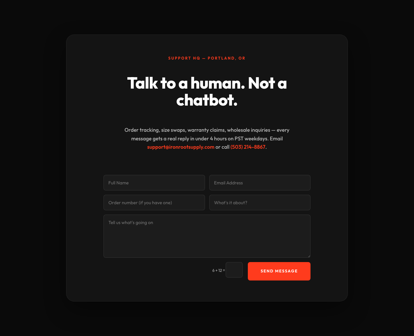 Bold Ecommerce Contact Form Layout for Divi 5 — Ironroot — desktop preview