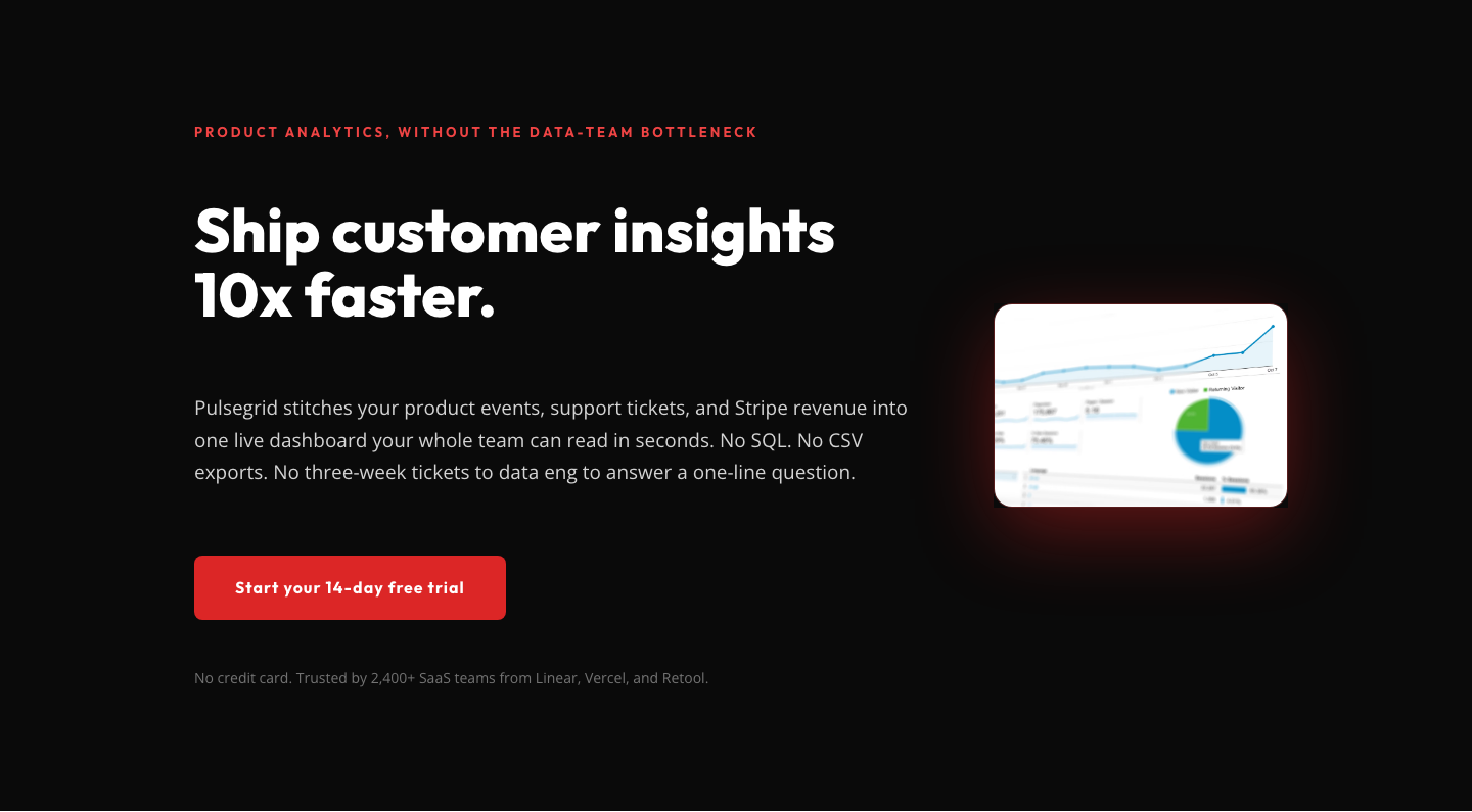 Pulsegrid SaaS Hero — Bold Dark Product Analytics Landing Section | Divi 5 — desktop preview
