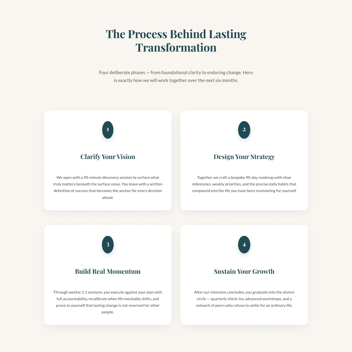 Four-Phase Coaching Process Cards — Elegant Divi 5 Layout — Coaching Cards layout built with Divi 5