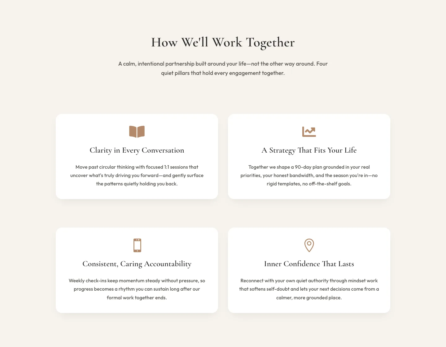 Elegant Coaching Cards Section for Divi 5 — How We Work Together — Coaching Cards layout built with Divi 5