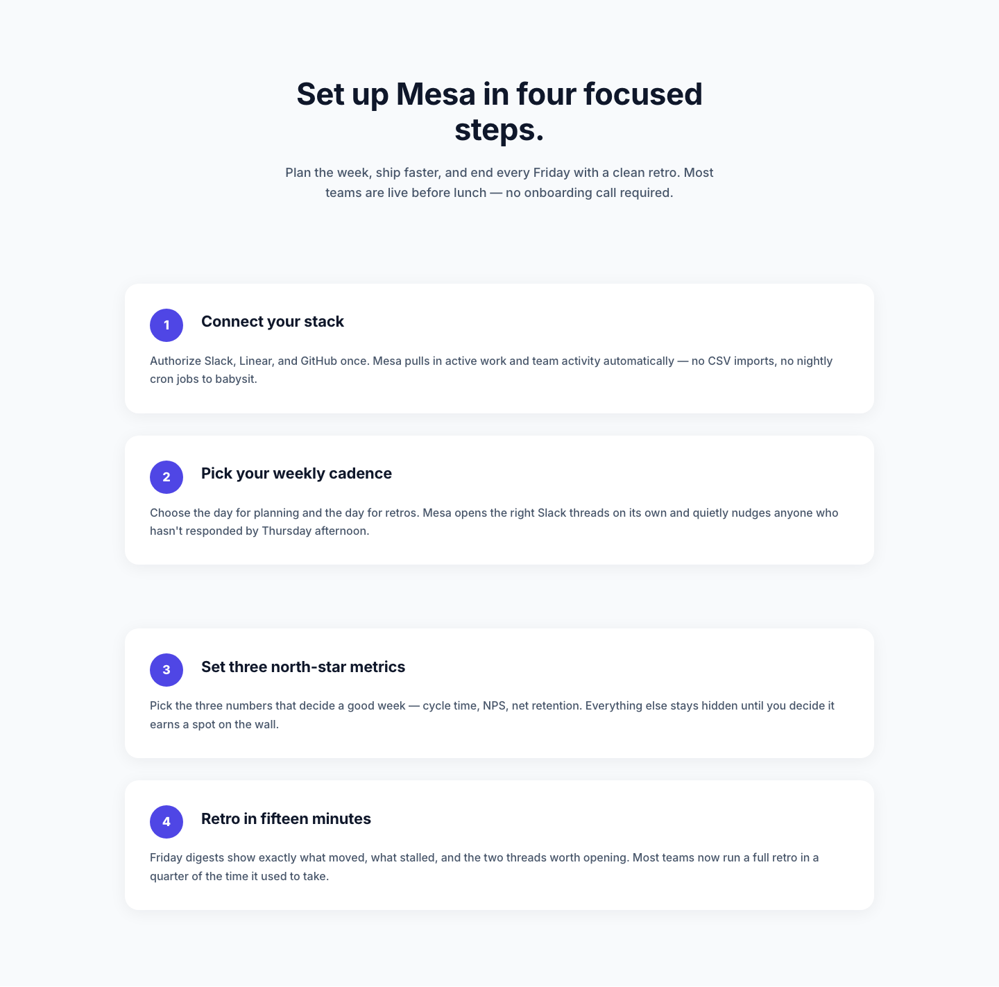 Minimal SaaS Four-Step Setup Cards Layout for Divi 5 — desktop preview
