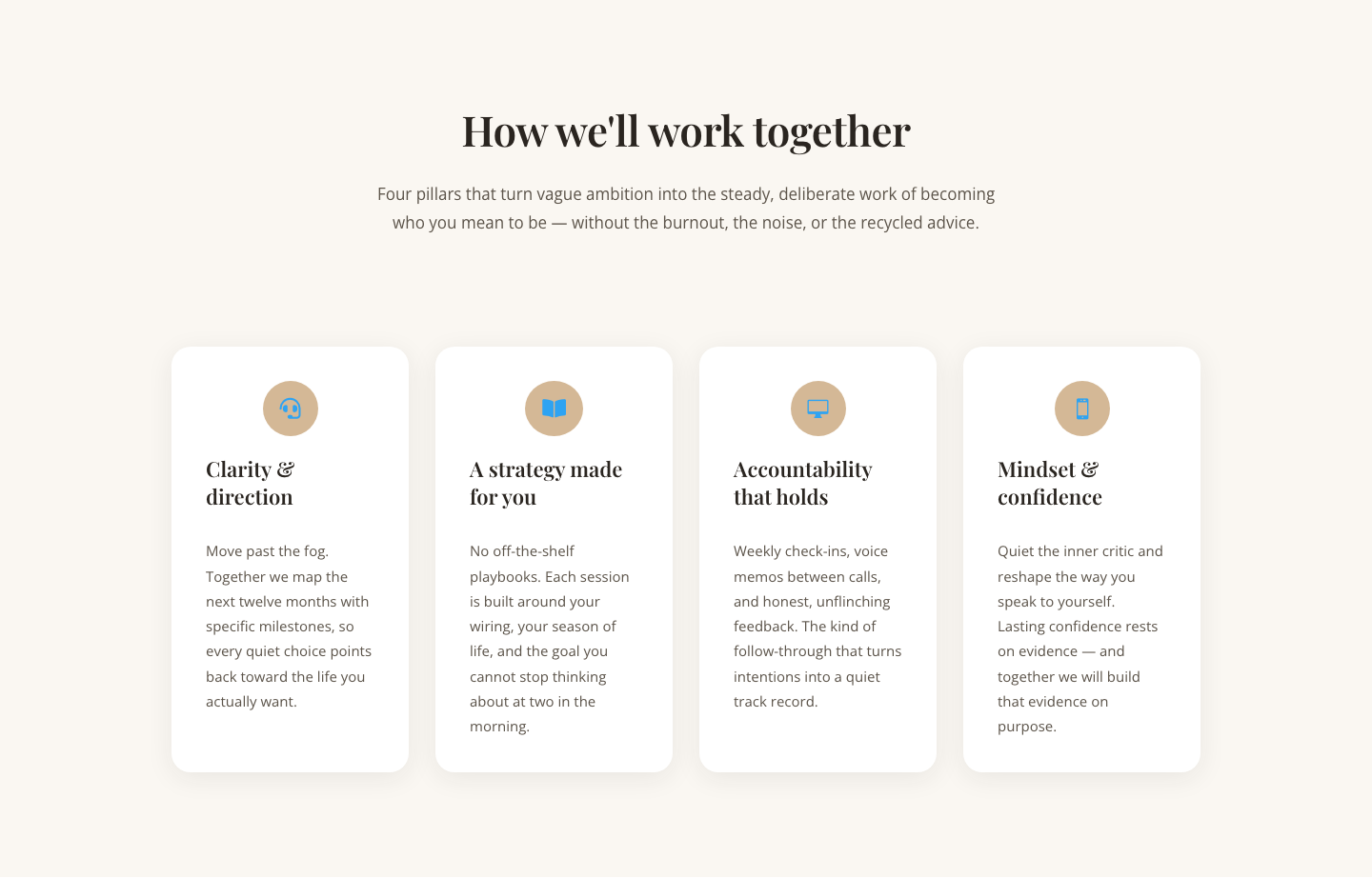 Elegant Coaching Cards Layout for Divi 5 — Four-Pillar Framework — desktop preview