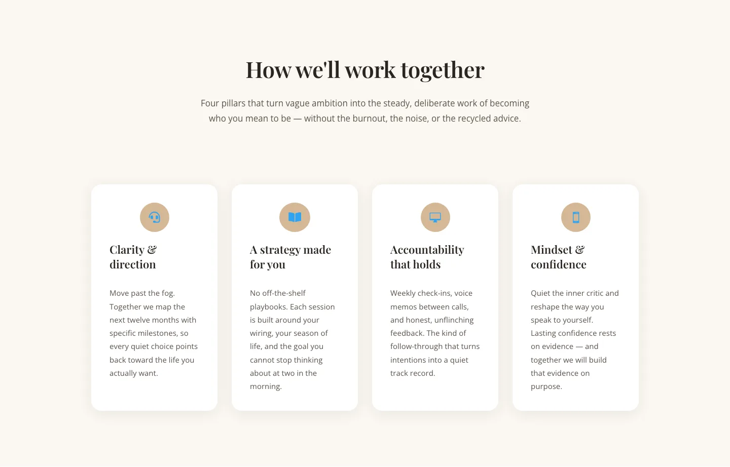 Elegant Coaching Cards Layout for Divi 5 — Four-Pillar Framework — Coaching Cards layout built with Divi 5