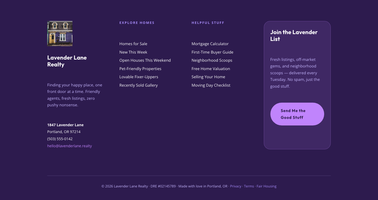 Playful Real Estate Footer — Divi 5 Layout with Newsletter Signup — desktop preview