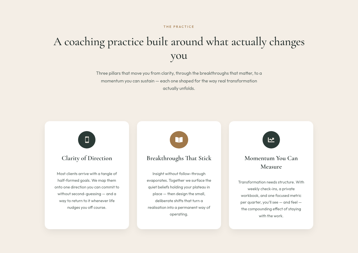 Elegant Coaching Three-Pillar Cards Layout for Divi 5 — desktop preview
