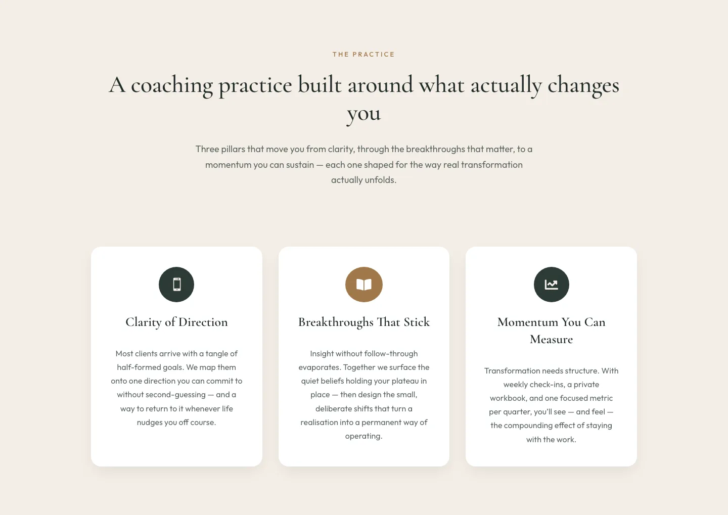 Elegant Coaching Three-Pillar Cards Layout for Divi 5 — Coaching Cards layout built with Divi 5