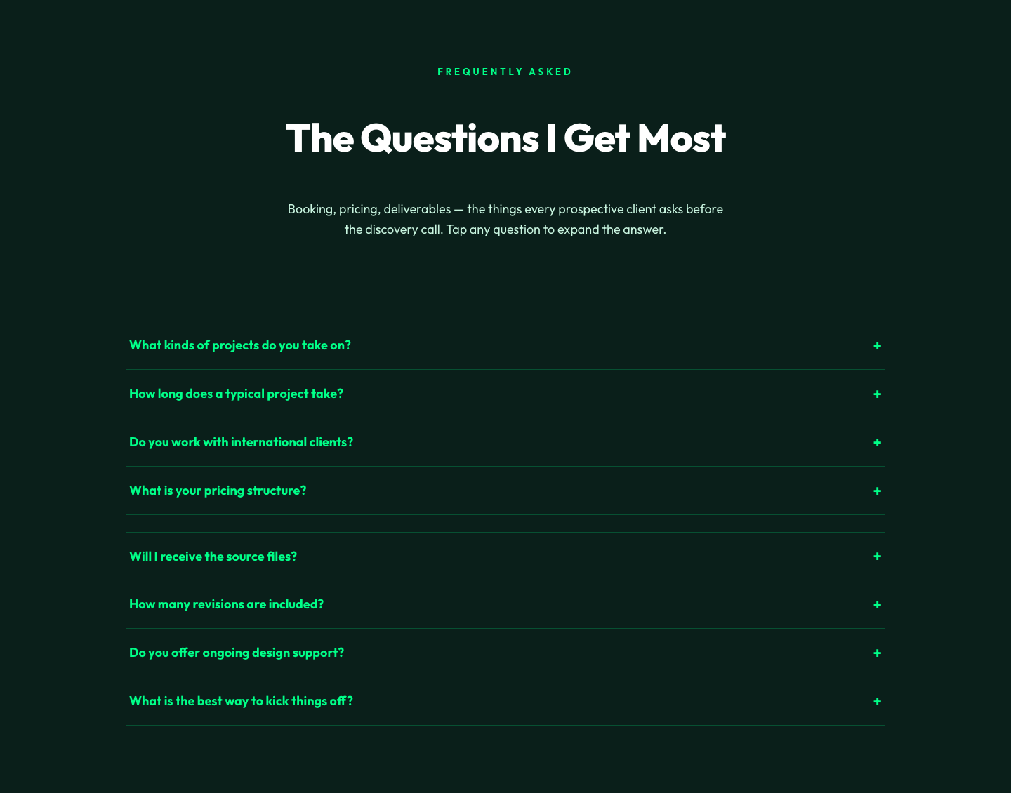 Bold Portfolio FAQ Section — Divi 5 Layout — desktop preview