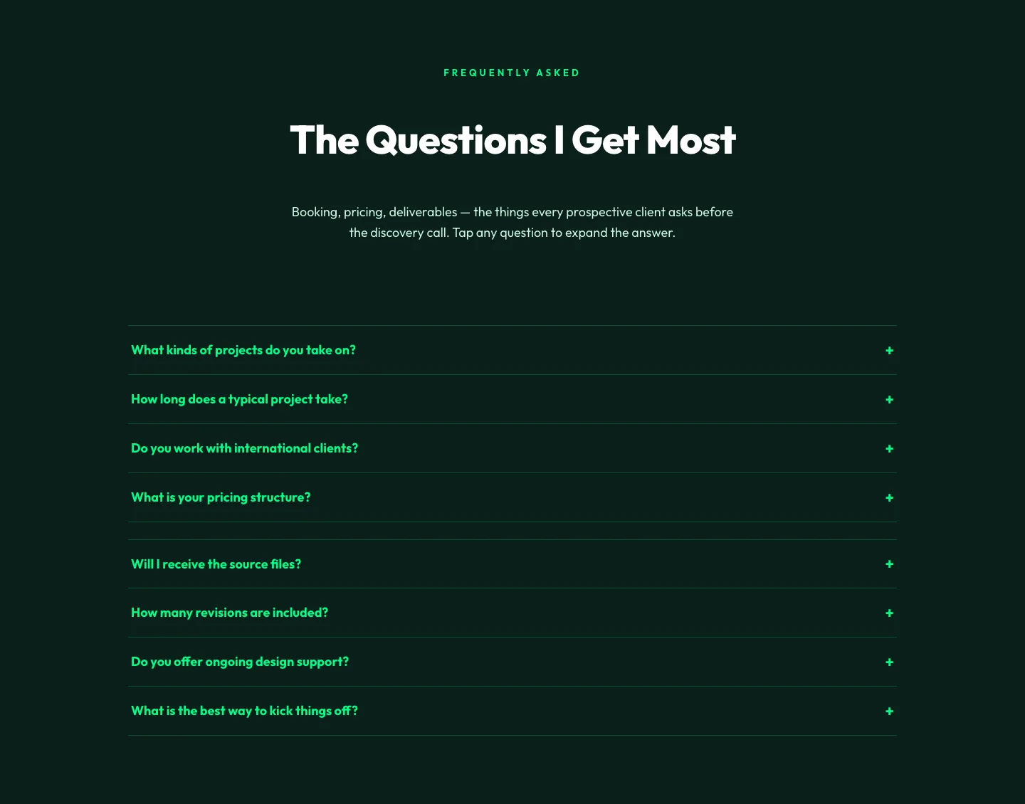 Bold Portfolio FAQ Section — Divi 5 Layout — Portfolio FAQ layout built with Divi 5