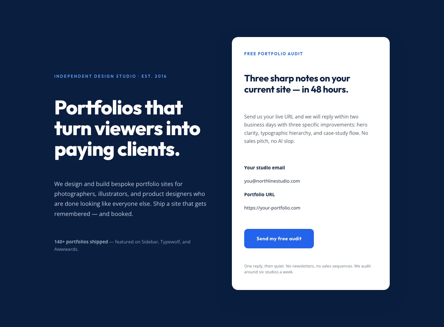 Bold Portfolio Hero with Free Audit Sign-up — Divi 5 Layout — Portfolio Hero layout built with Divi 5