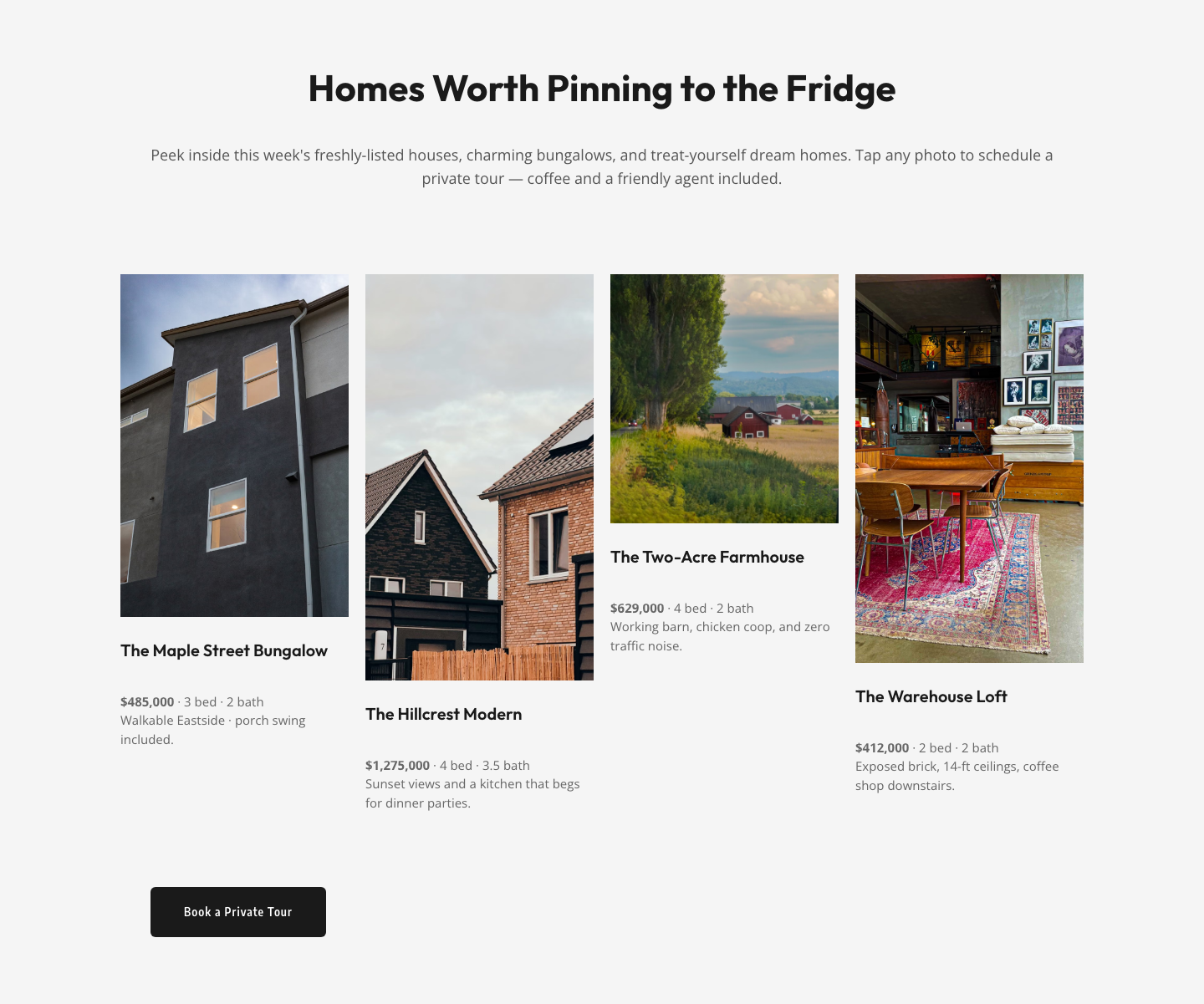 Playful Real Estate Listings Gallery — Free Divi 5 Layout — desktop preview