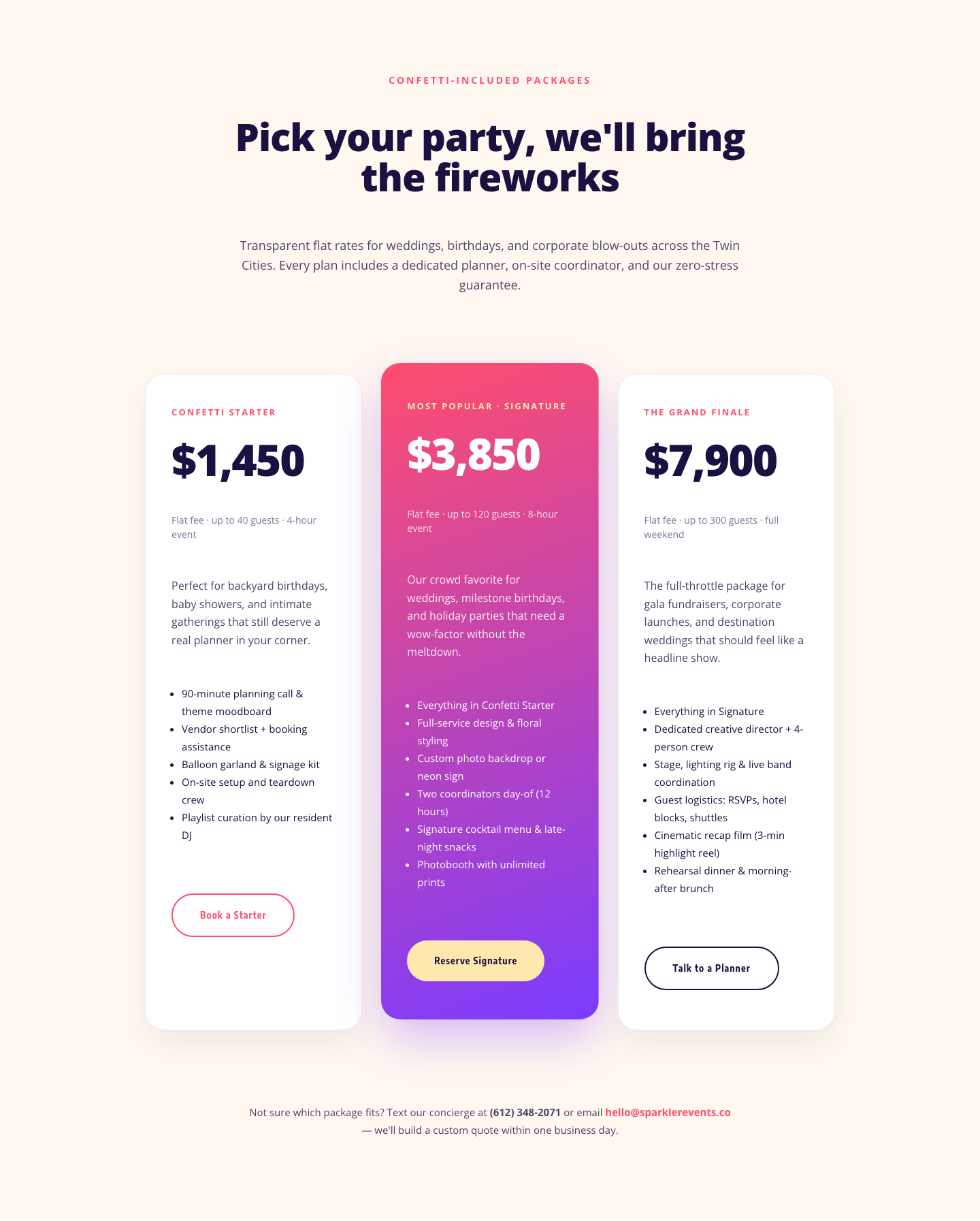 Playful Events Pricing Layout — Divi 5 Party Package Tiers — desktop preview
