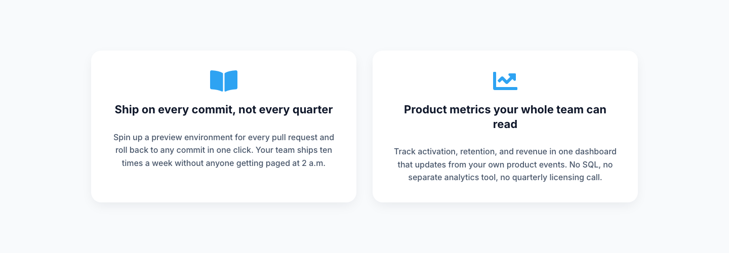 Minimal SaaS Two-Column Feature Cards — desktop preview