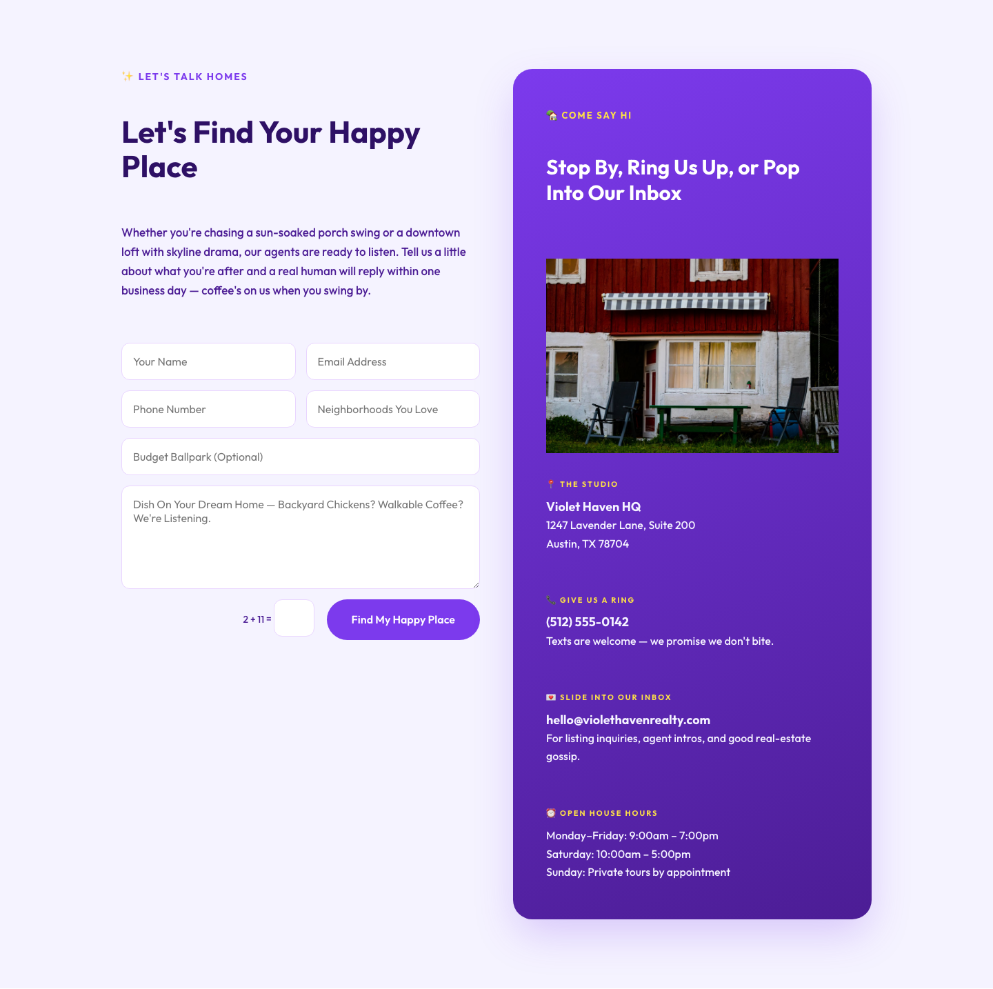 Playful Real Estate Contact Layout for Divi 5 — desktop preview