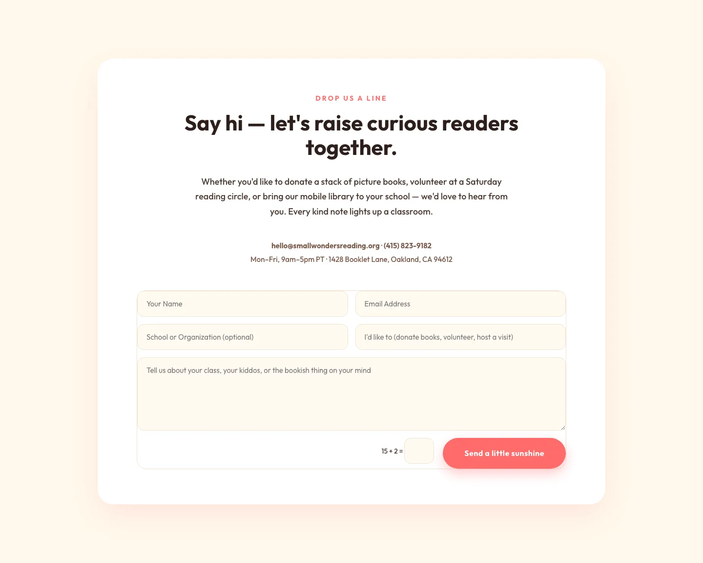 Playful Nonprofit Contact Page Layout for Divi 5 — Small Wonders — Nonprofit Contact layout built with Divi 5
