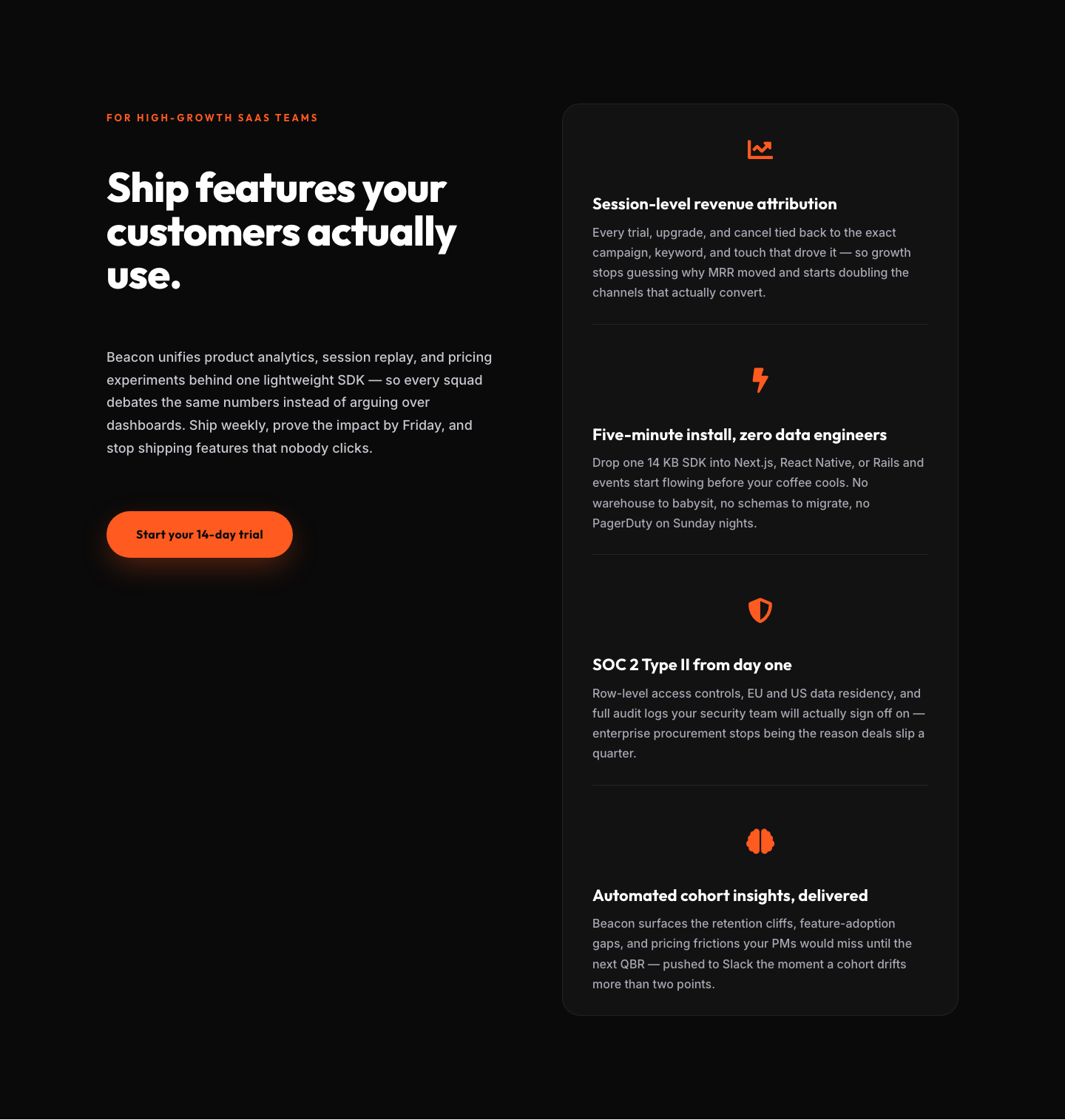 SaaS Features Section — Ship Features Customers Actually Use | Divi 5 Bold Layout — desktop preview