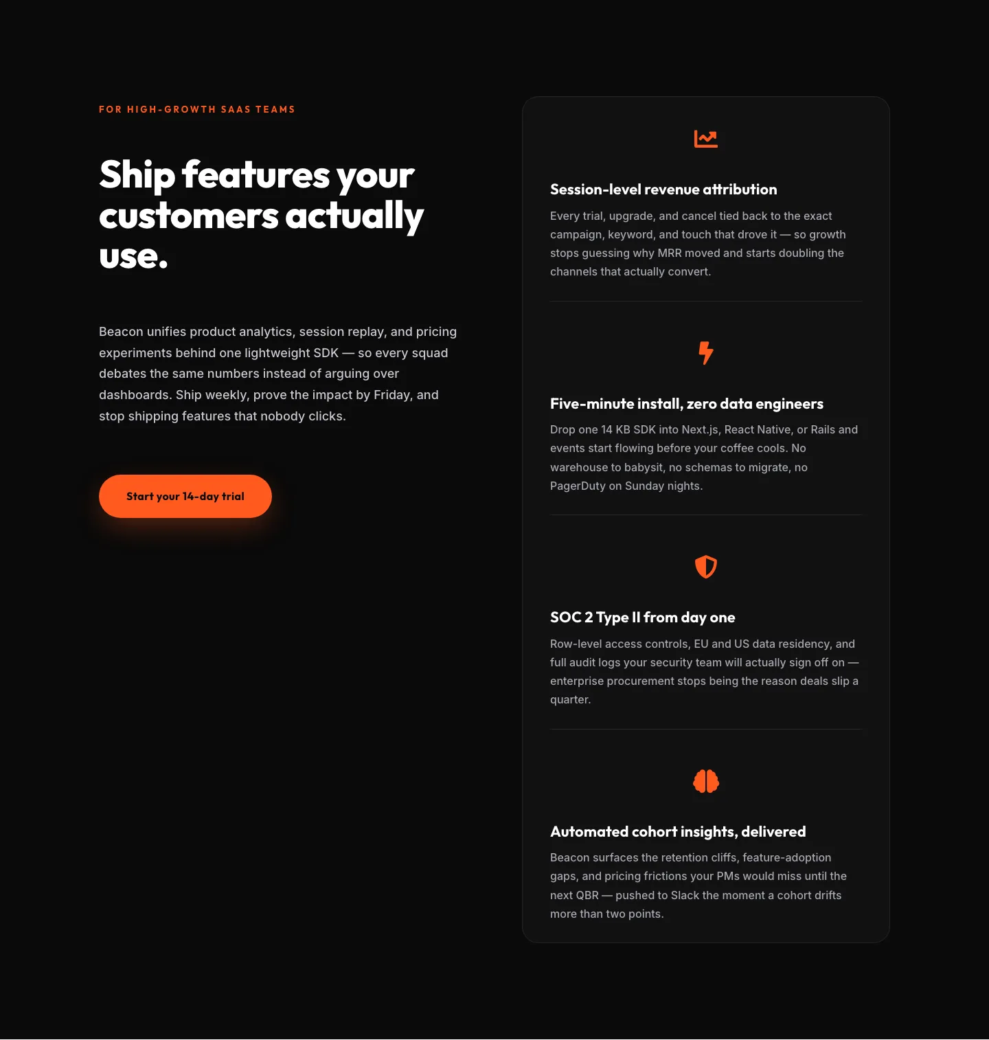 SaaS Features Section — Ship Features Customers Actually Use | Divi 5 Bold Layout — SaaS Features layout built with Divi 5