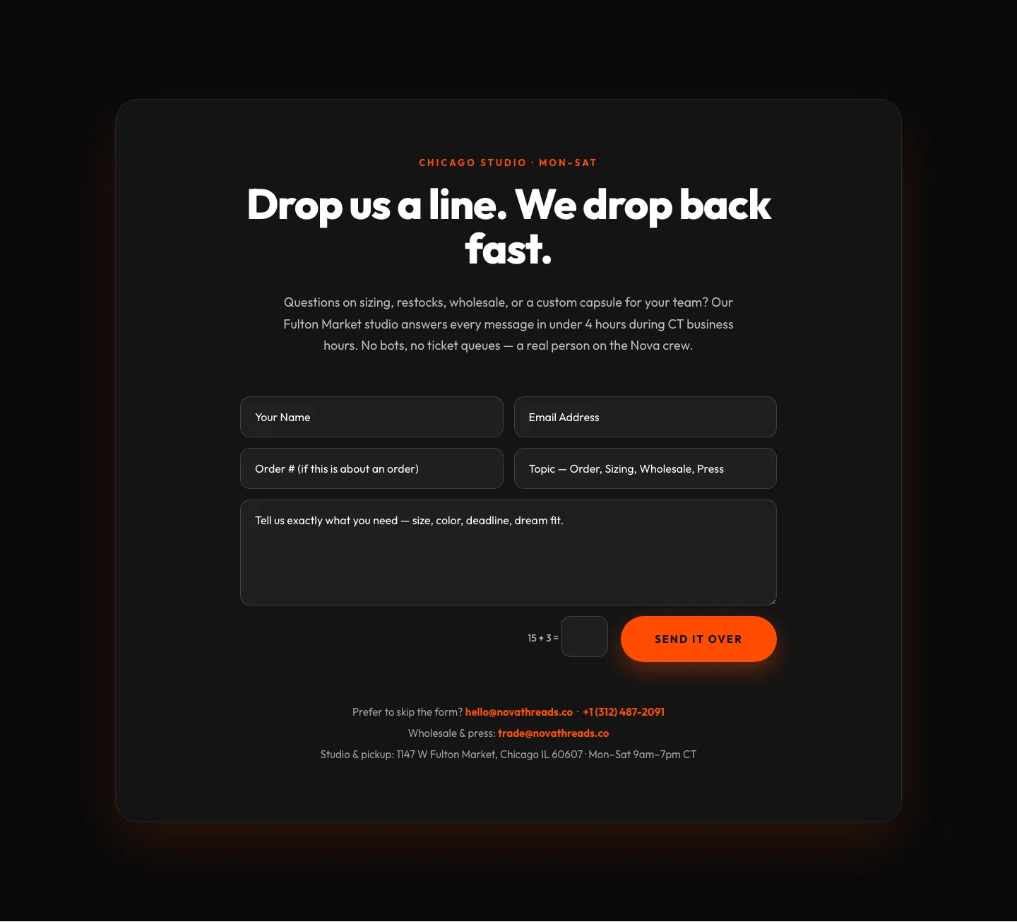 Bold Ecommerce Contact Page Layout for Divi 5 | Nova Threads — E-commerce Contact layout built with Divi 5
