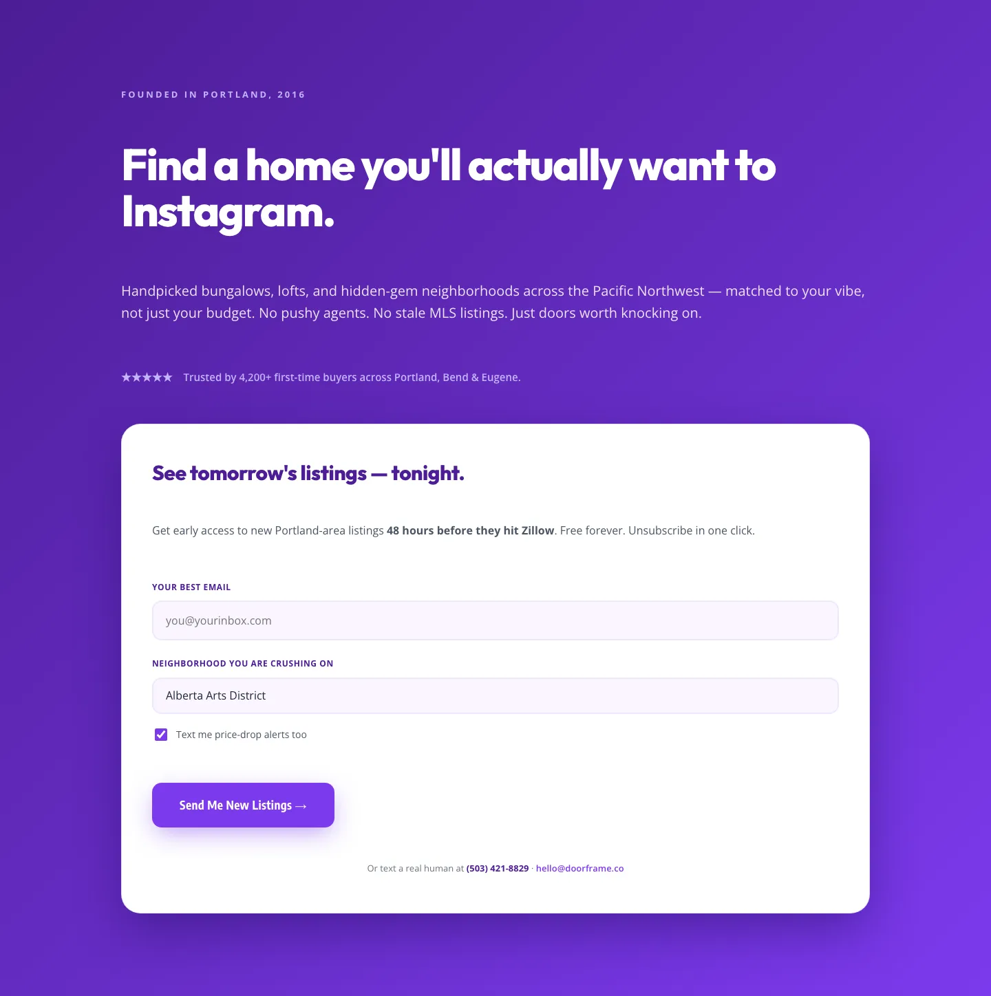 Playful Purple Real Estate Hero with Signup Form — Divi 5 Layout — Real Estate Hero layout built with Divi 5