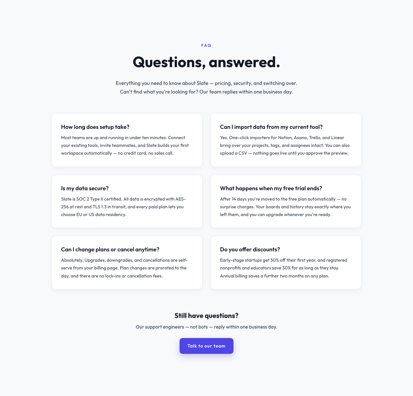 Minimal SaaS FAQ Section — Two-Column Card Layout for Divi 5 — desktop preview