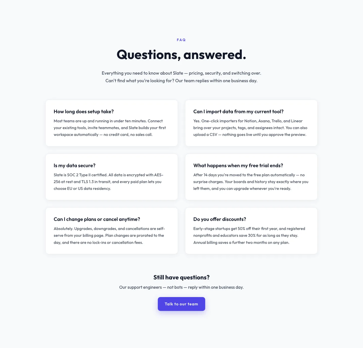 Minimal SaaS FAQ Section — Two-Column Card Layout for Divi 5 — SaaS FAQ layout built with Divi 5