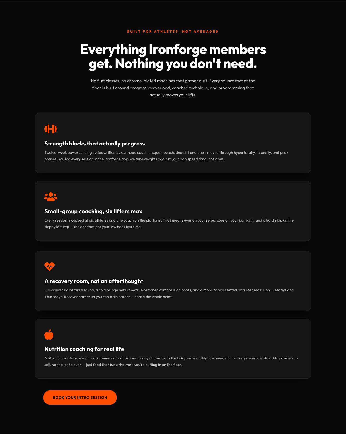 Ironforge Athletics Features Section — Bold Fitness Divi 5 Layout — desktop preview