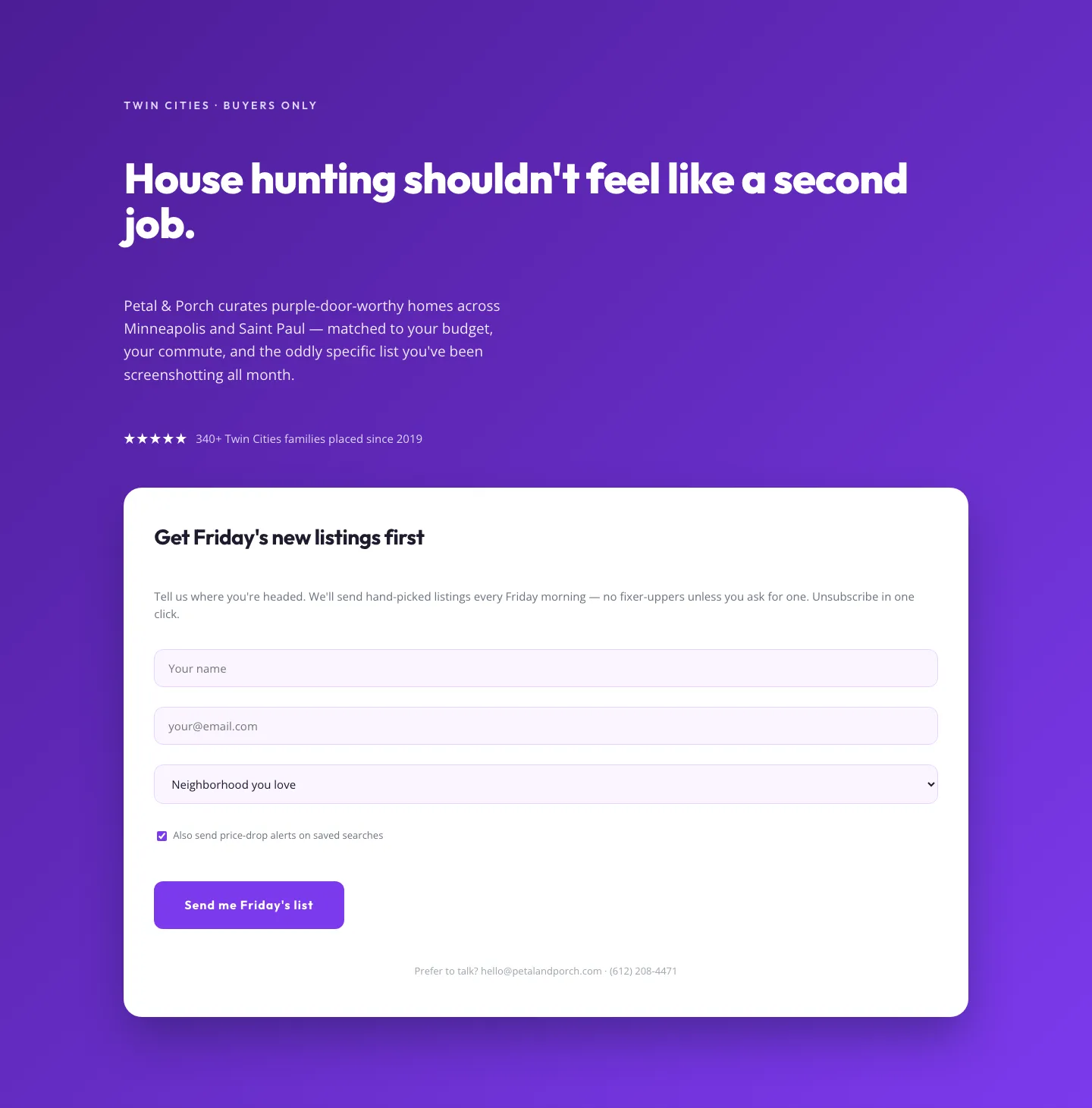 Playful Real Estate Hero with Weekly Listings Signup — Divi 5 Layout — Real Estate Hero layout built with Divi 5