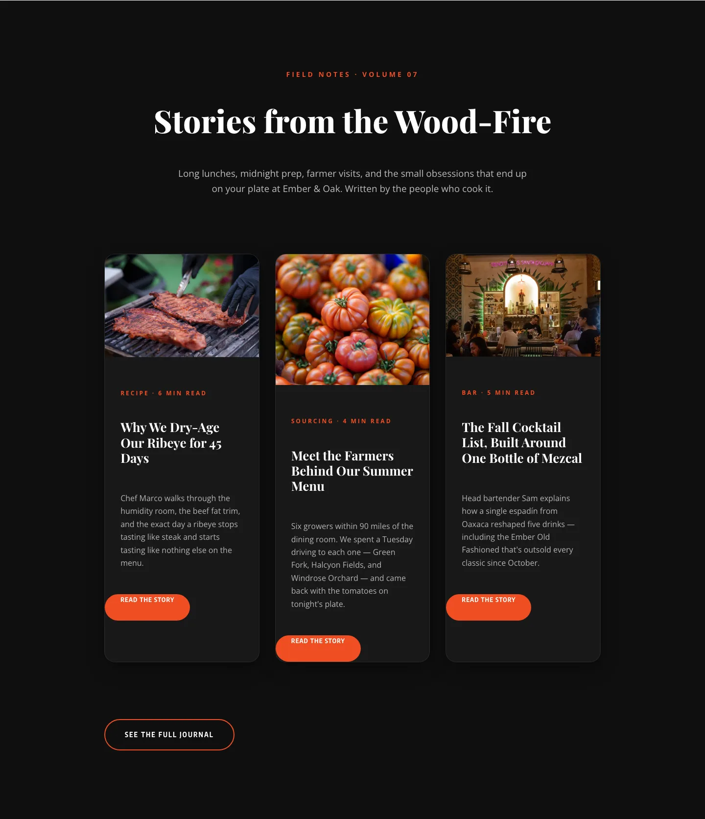 Bold Restaurant Blog Layout for Divi 5 — Wood-Fire Journal — Restaurant Blog layout built with Divi 5