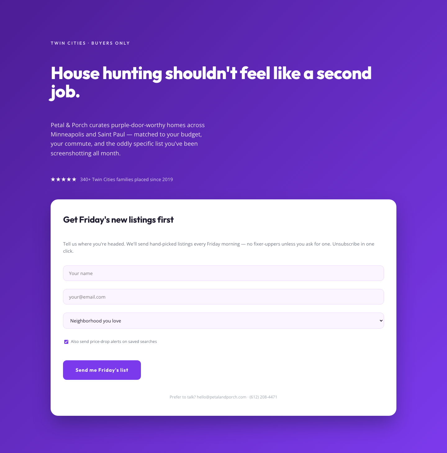 Playful Real Estate Hero with Weekly Listings Signup — Divi 5 Layout — desktop preview