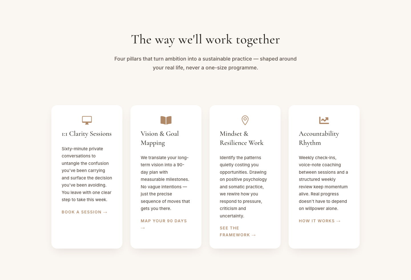 Elegant Coaching Cards Layout for Divi 5 — Approach & Services Grid — desktop preview