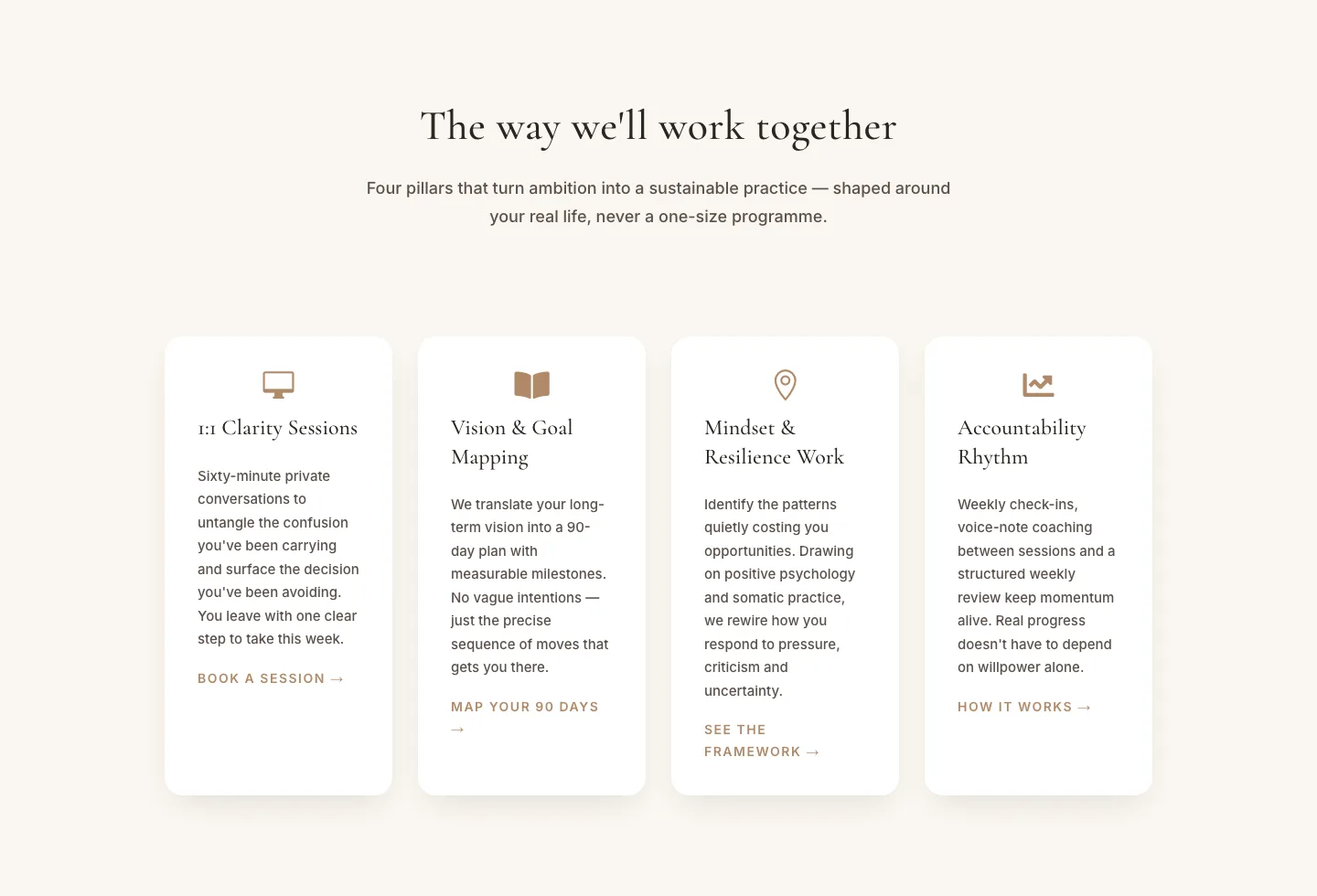 Elegant Coaching Cards Layout for Divi 5 — Approach & Services Grid — Coaching Cards layout built with Divi 5
