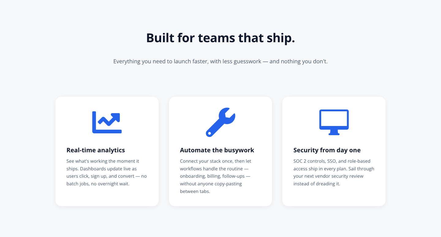 SaaS Feature Cards — Minimal 3-Column Divi 5 Layout — desktop preview