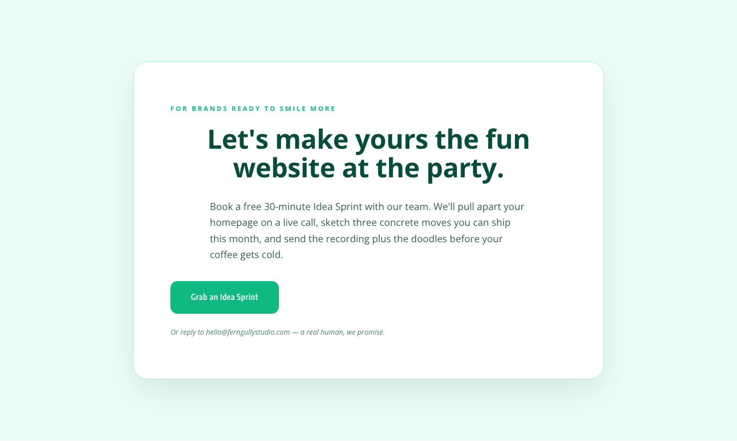 Playful Agency CTA — Idea Sprint Booking Card — desktop preview