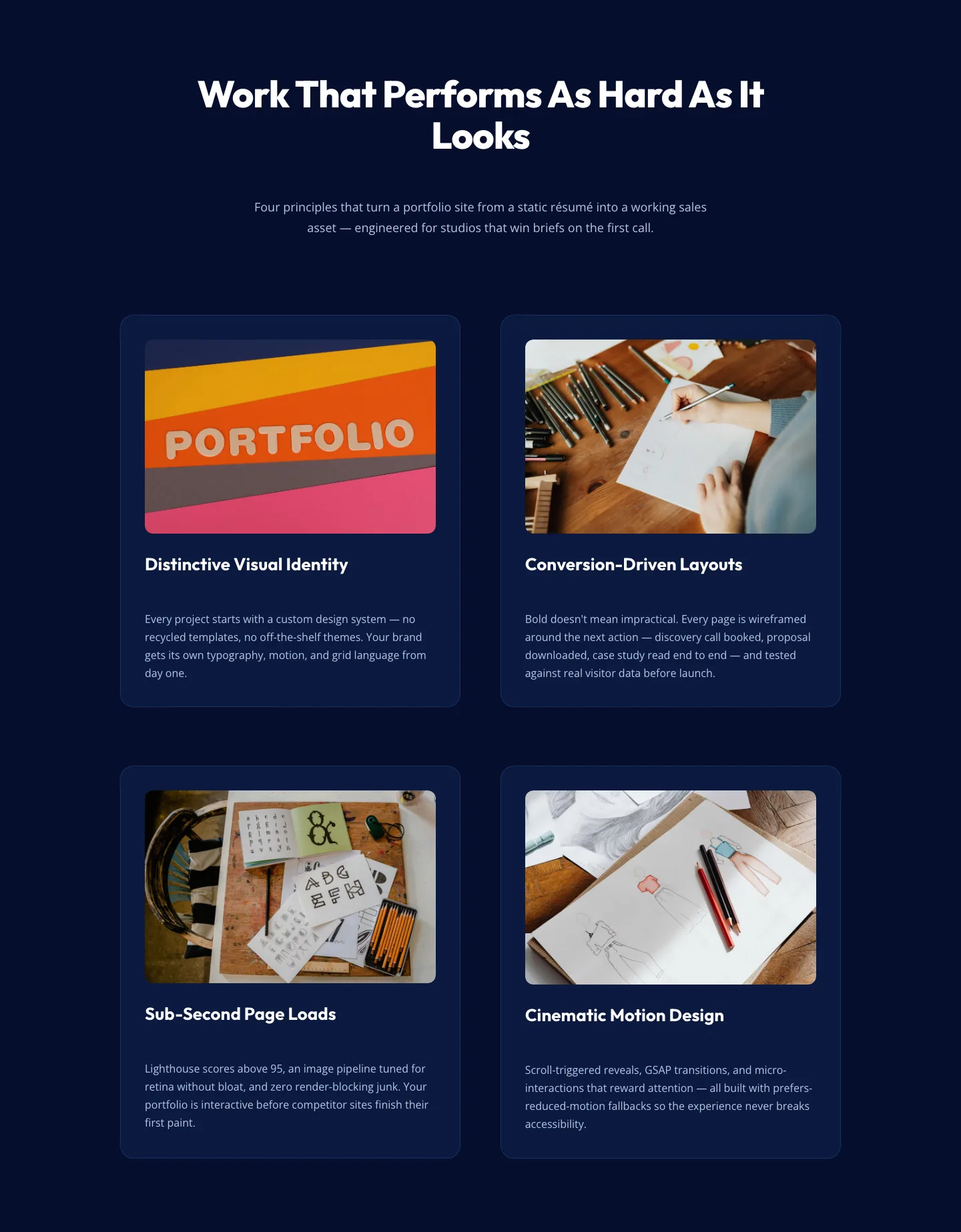 Bold Portfolio Features Section — 2×2 Grid for Divi 5 — Portfolio Features layout built with Divi 5