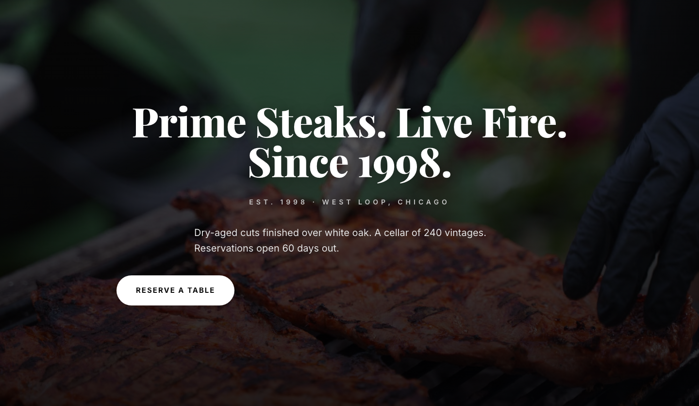 Prime Steaks Hero Section — Bold Monochrome Restaurant Layout for Divi 5 — desktop preview