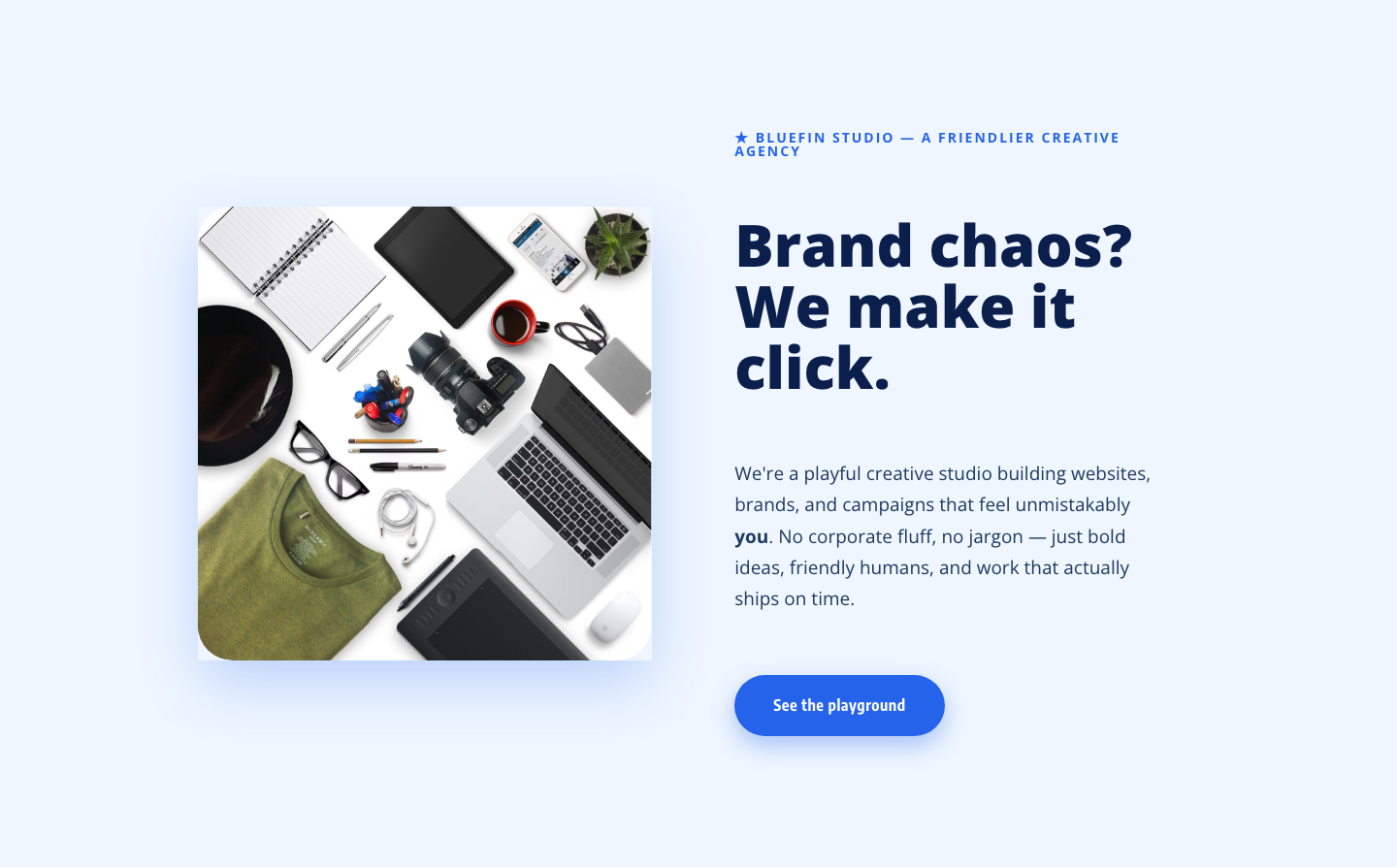 Bluefin Studio — Playful Creative Agency Hero Section for Divi 5 — desktop preview