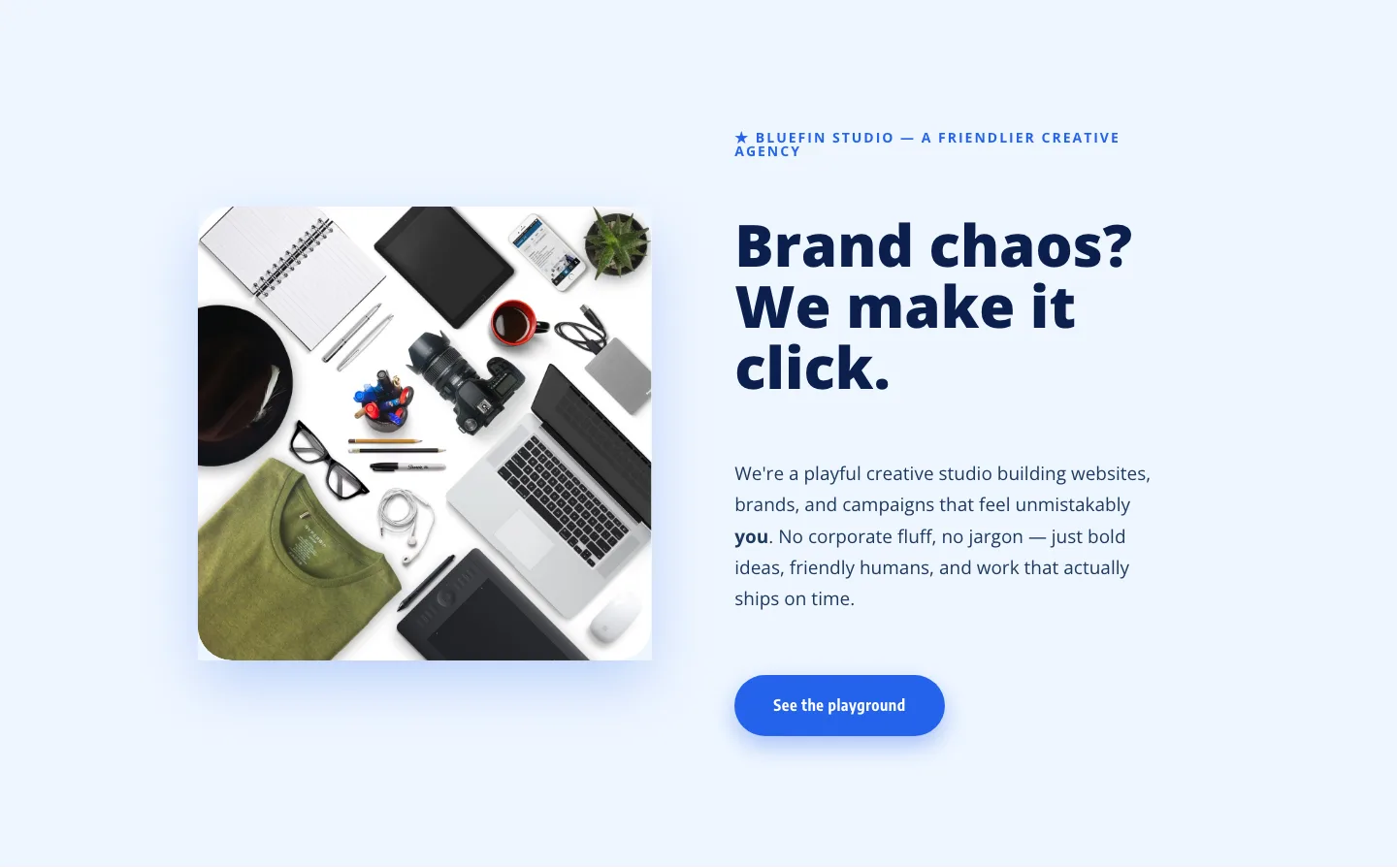Bluefin Studio — Playful Creative Agency Hero Section for Divi 5 — Agency Hero layout built with Divi 5