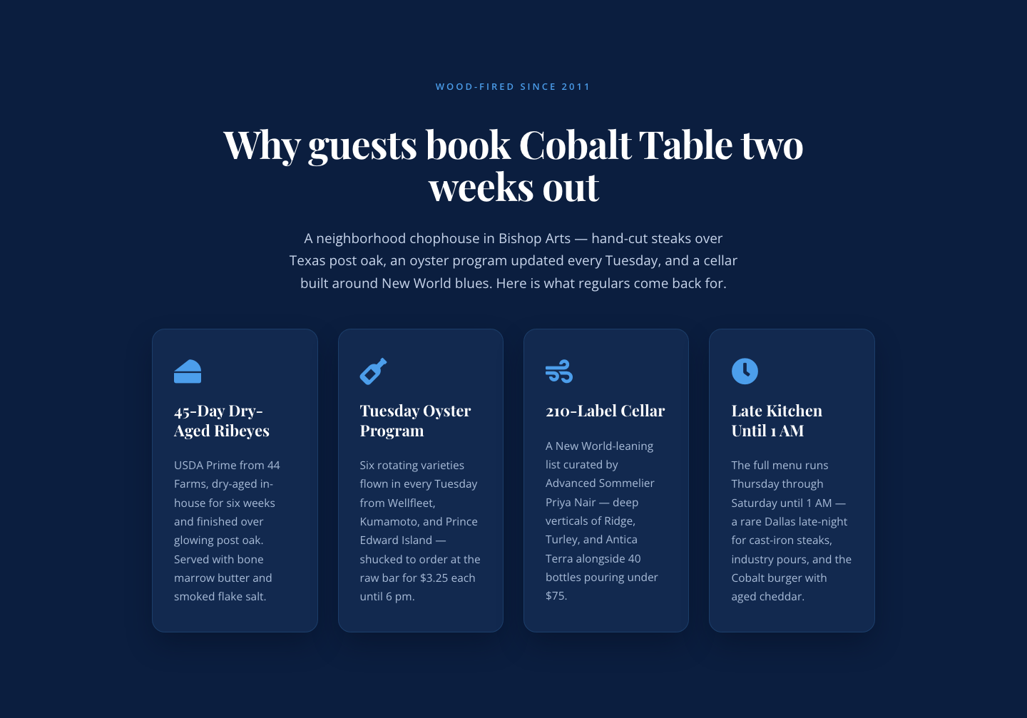 Bold Blue Restaurant Features Section — 4 Icon Columns | Divi 5 — desktop preview