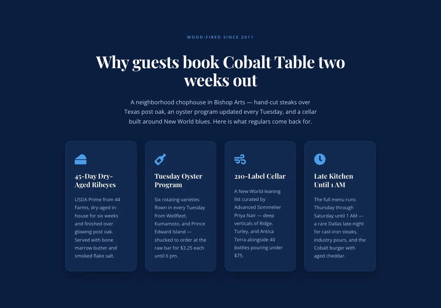 Bold Blue Restaurant Features Section — 4 Icon Columns | Divi 5 — Restaurant Features layout built with Divi 5