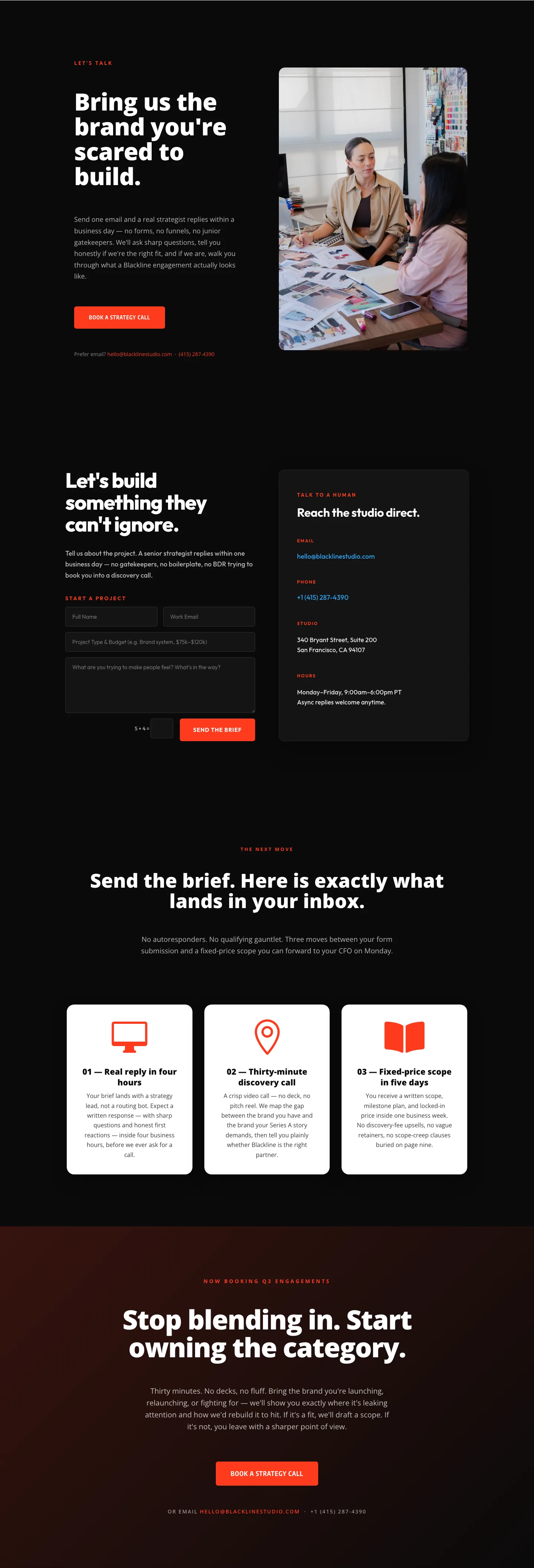 Blackline Studio — Bold Agency Contact Page for Divi 5 — Agency Contact layout built with Divi 5