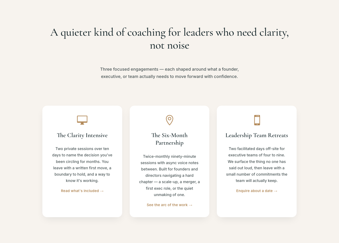 Elegant Coaching Services Cards — Divi 5 Layout — desktop preview
