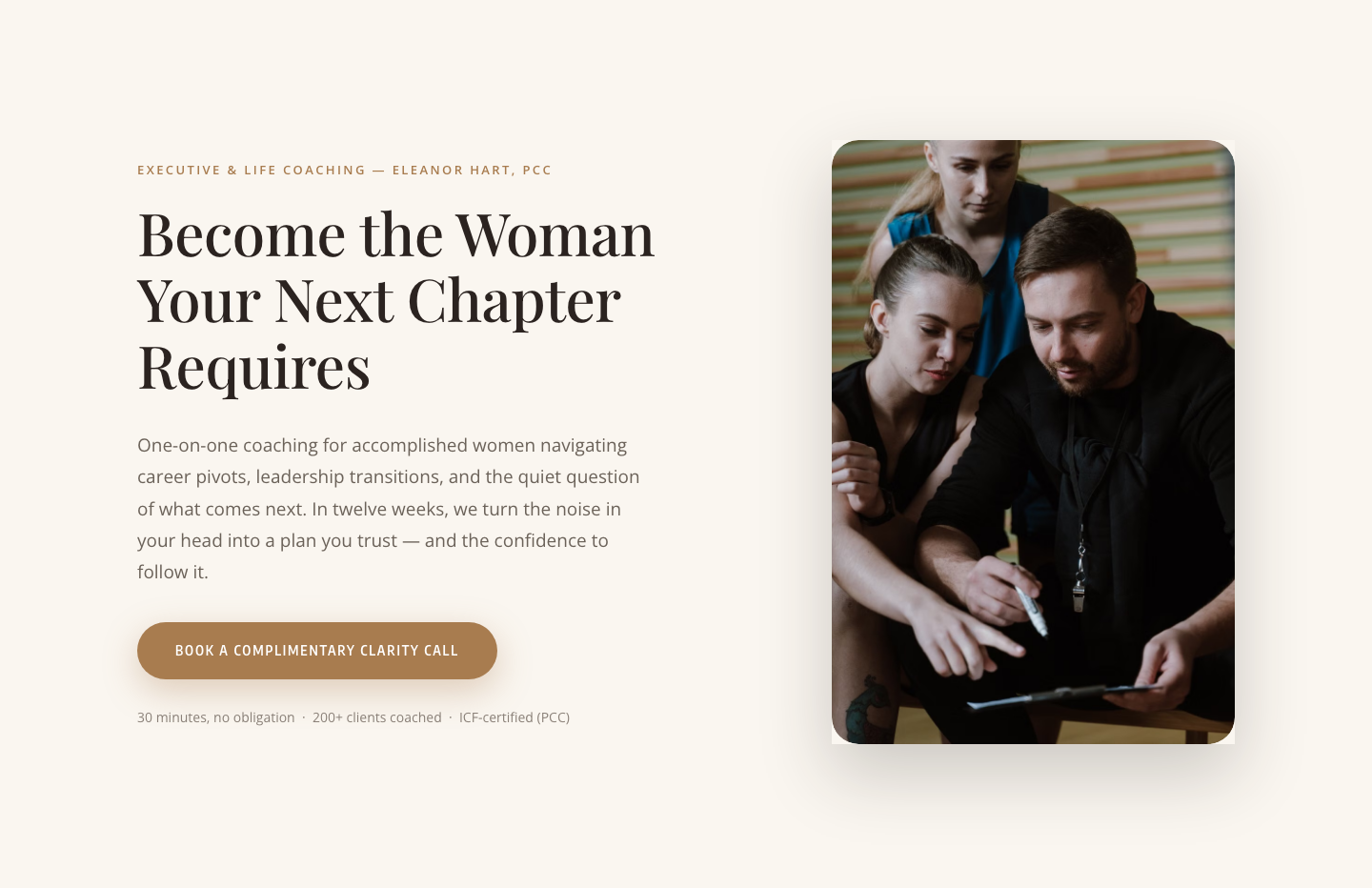 Elegant Coaching Hero Section — Divi 5 Layout with Clarity Call CTA — desktop preview