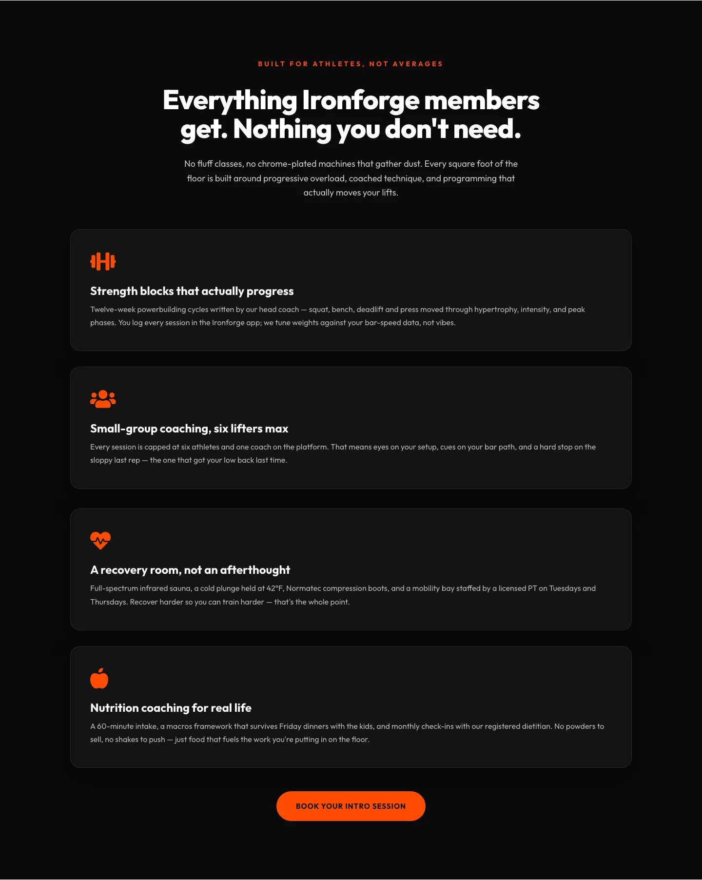 Ironforge Athletics Features Section — Bold Fitness Divi 5 Layout — Fitness Features layout built with Divi 5