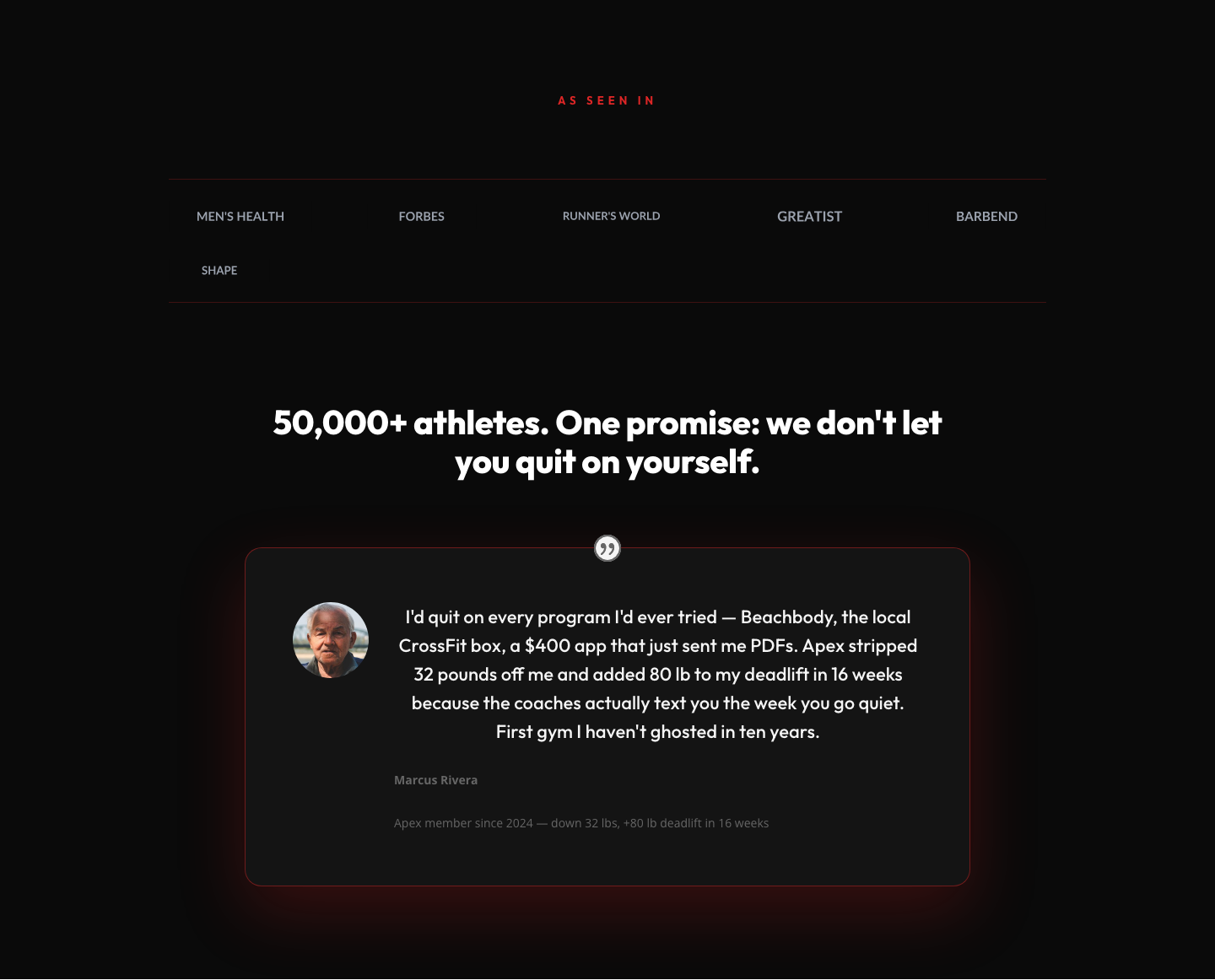Bold Fitness Testimonials Section for Divi 5 — Apex Strength — desktop preview