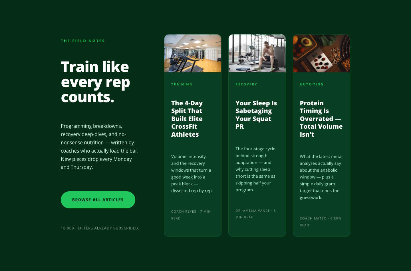 Bold Fitness Blog Layout for Divi 5 — Green Asymmetric Split — desktop preview