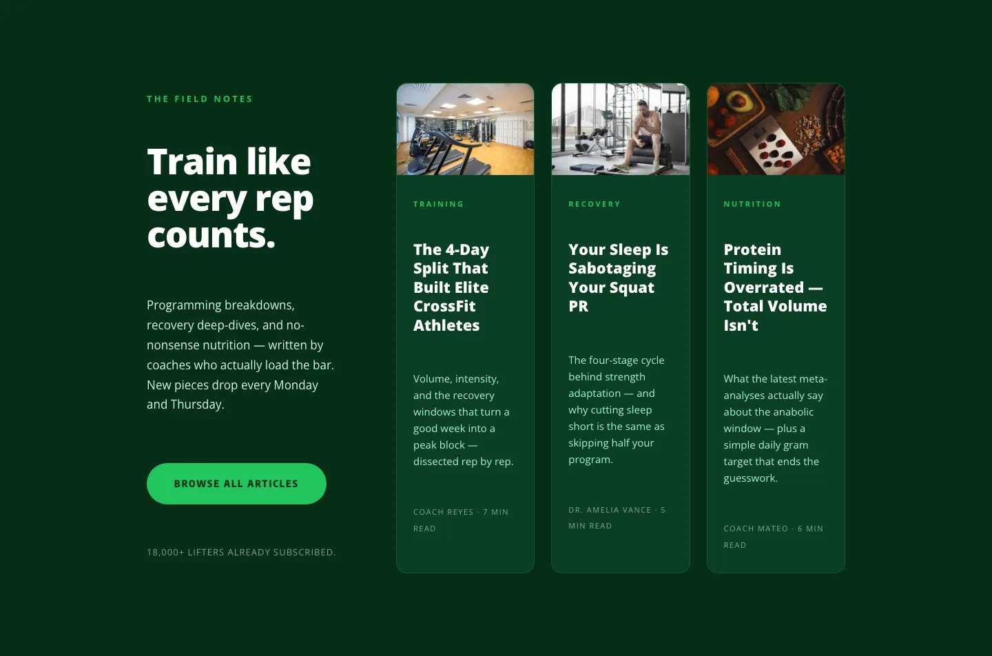 Bold Fitness Blog Layout for Divi 5 — Green Asymmetric Split — Fitness Blog layout built with Divi 5