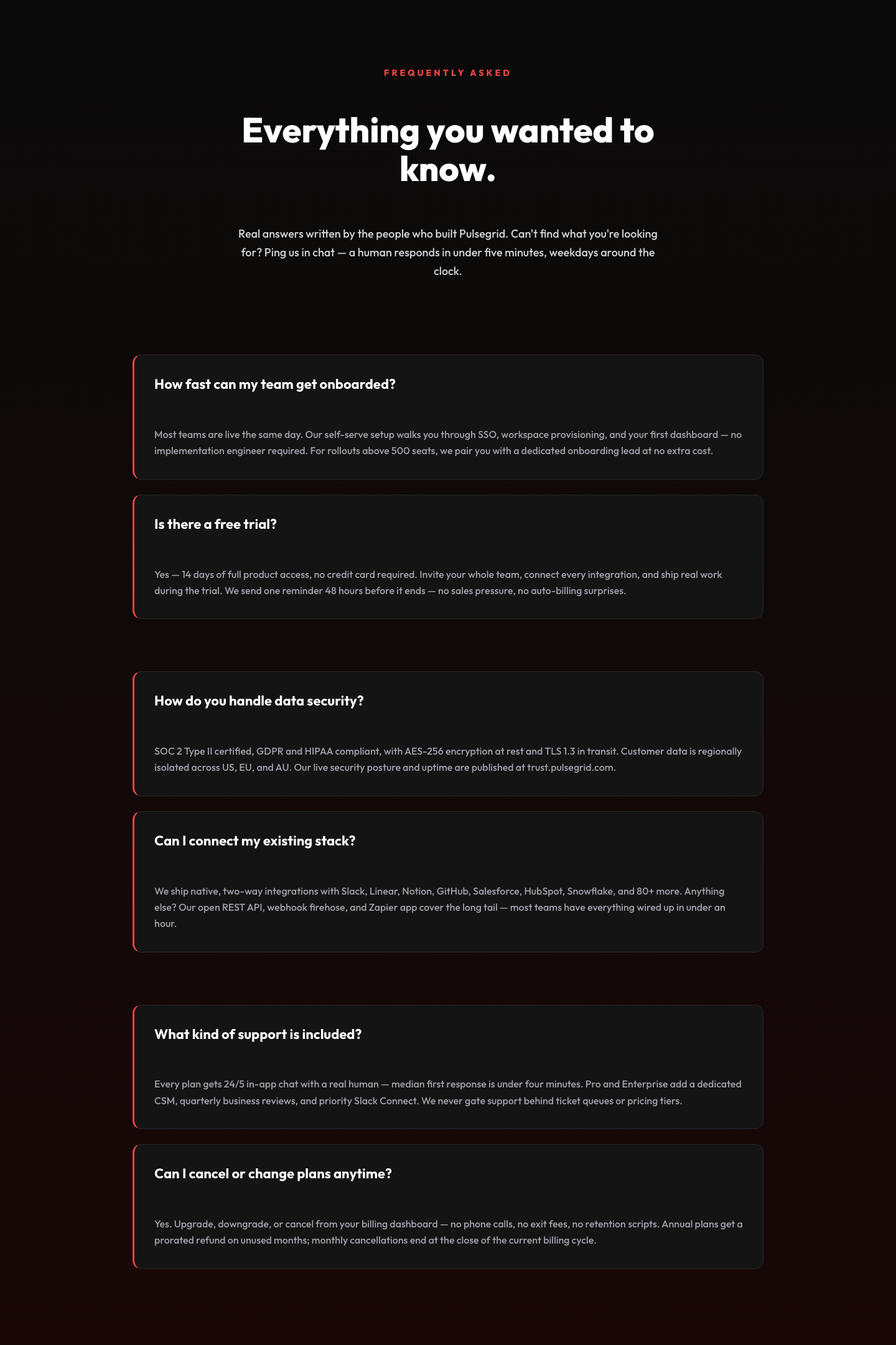 Bold SaaS FAQ Section — Two-Column Accordion Divi 5 Layout — desktop preview