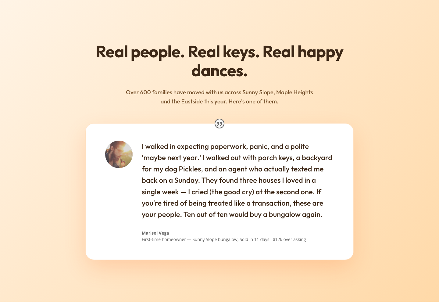 Playful Real Estate Testimonials Section — Warm Client Story Block | Divi 5 Layout — desktop preview