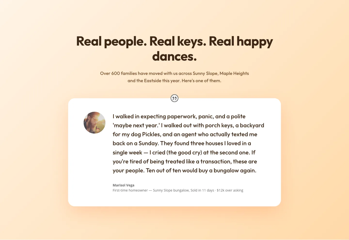 Playful Real Estate Testimonials Section — Warm Client Story Block | Divi 5 Layout — Real Estate Testimonials layout built with Divi 5