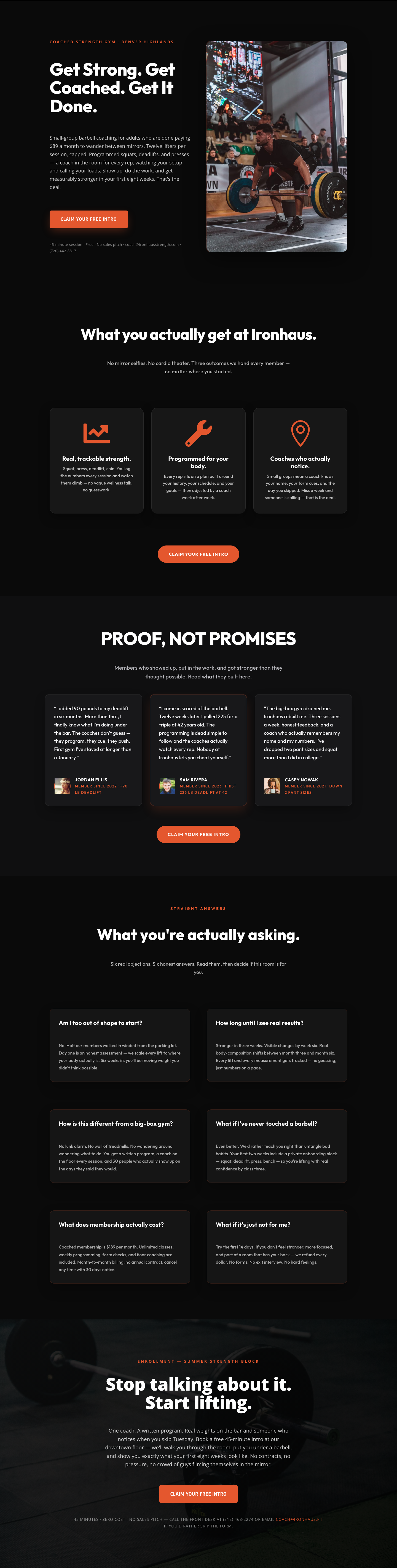 Ironhaus Strength Club — Bold Coached Barbell Gym Landing Page — desktop preview