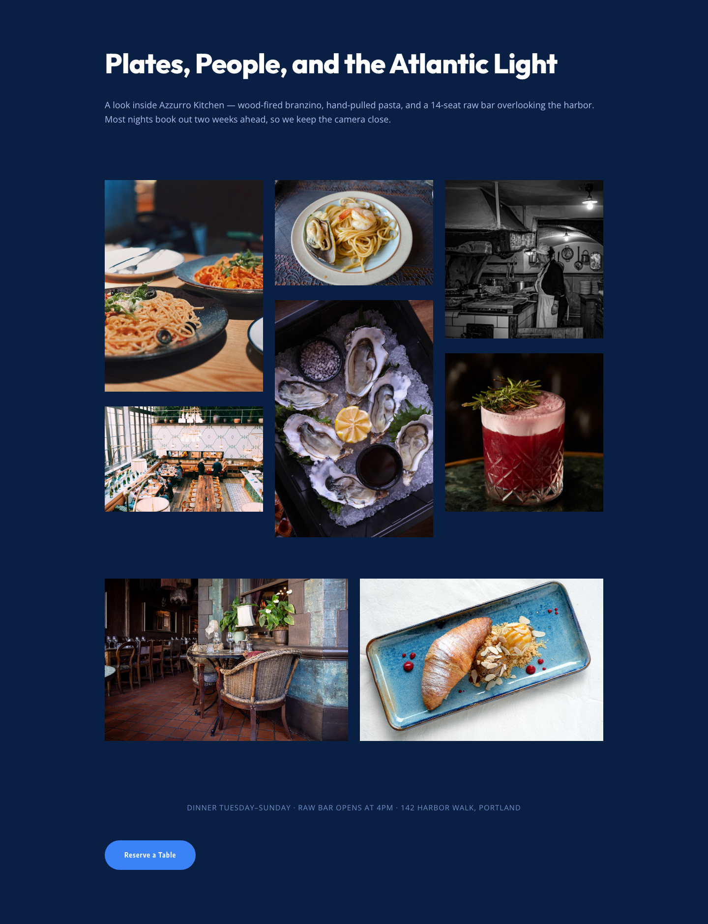 Bold Restaurant Gallery Layout for Divi 5 — Coastal Dining Showcase — desktop preview